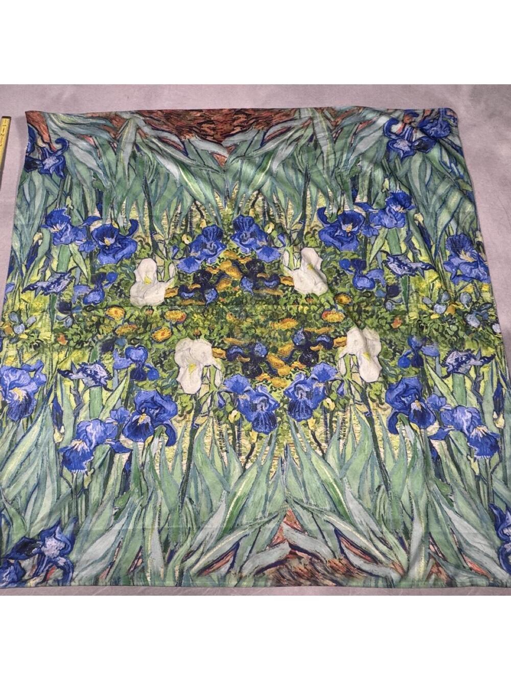 100% Silk Impressionist with floral irises Art Scarf 33” Square Museum Style